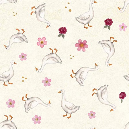 Tricoline Digital Gansos e Flores Delicadas, 50cm x 1,50mt