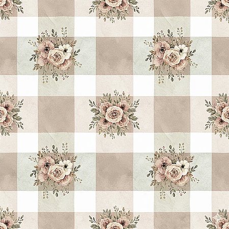 Tricoline Digital Bouquet Xadrez, 100% Algodão 50cm x 1,50mt