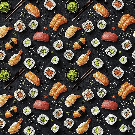 Tricoline Digital Gourmet Sushi, 100% Algodão, 50cm x 1,50mt