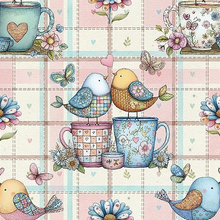 Tricoline Digital Happy Coffee Passarinhos, 50cm x 1,50mt