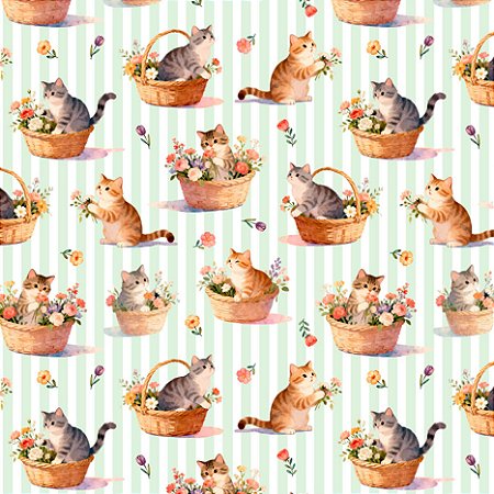 Tricoline Gatinhos Doce Criação 100%Algodão, 50cm x 1,50mt