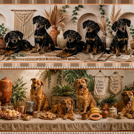 Tricoline Digital Barrado Garden Cachorrinhos, 50cm x 1,50mt