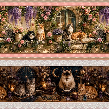 Tricoline Digital Barrado Garden Gatinhos, 50cm x 1,50mt
