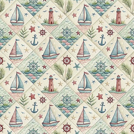 Tricoline Digital Patch Oceano Barquinhos, 50cm x 1,50mt