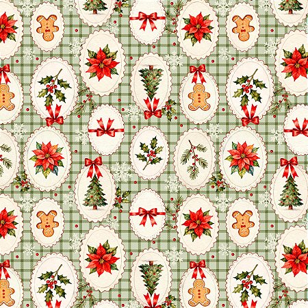 Tricoline Natal Biscoitos Verde, 100% Algodão, 50cm x 1,50mt