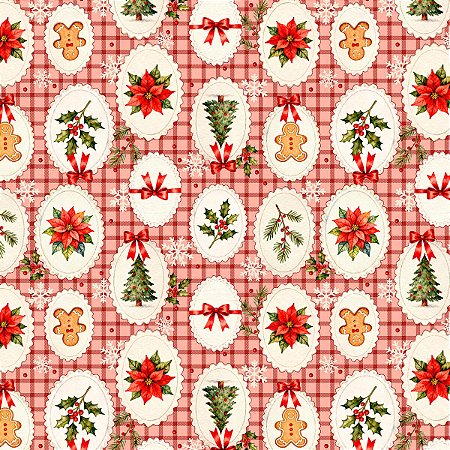 Tricoline Natal Biscoitos Vermelho 100%Algodão 50cm x 1,50mt