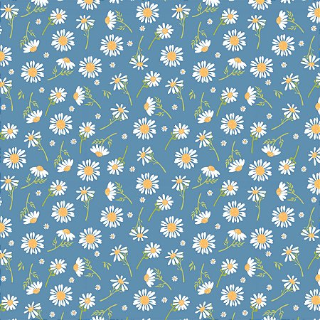 Tricoline Floral Margaridas Fundo Azul 100%Alg 50cm x 1,50mt