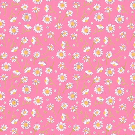 Tricoline Floral Margaridas Fundo Rosa 100%Alg 50cm x 1,50mt