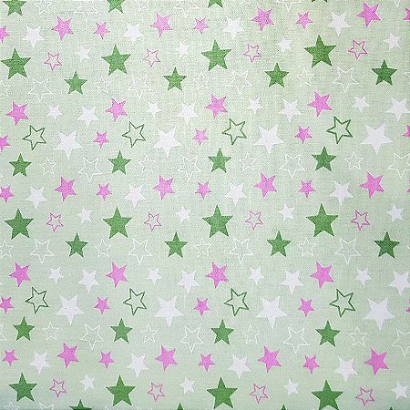 Tricoline Estrelas Star - Verde e Rosa100% Algodão, Unid. 50cm x 1,50mt