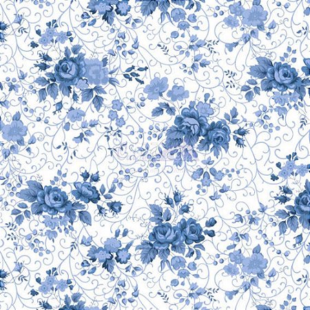 Tricoline Floral Fernanda Cor 18 (Azul) 100% Algodão, Unid. 50cm x 1,50mt