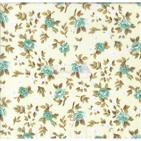 Tricoline Estampado Floral Lúcia Cor - 04 (Amarelo Com Turquesa), 100% Algodão, Unid. 50cm x 1,50mt