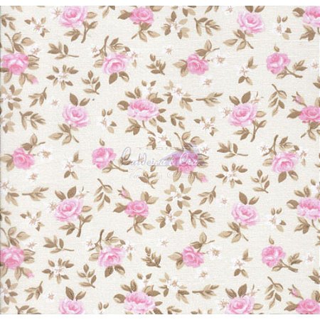 Tricoline Estampado Floral Lúcia Cor - 09 (Fundo Cru com Rosa), 100% Algodão, Unid. 50cm x 1,50mt