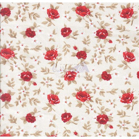 Tricoline Estampado Floral Lúcia Cor - 11 (Fundo Cru com Vermelho), 100% Algodão, Unid. 50cm x 1,50mt