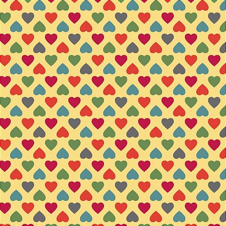 Tricoline Amor Mini Corações Coloridos Fundo Amarelo, 100% Algodão, Unid. 50cm x 1,50mt
