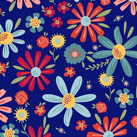 Tecido Tricoline Estampado Floral Esperança Grande Azul, 100% Algodão, Unid. 50cm x 1,50mt