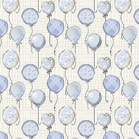 Tricoline Digital Balões Baby Azul, 100% Algodão, Unid. 50cm x 1,50mt