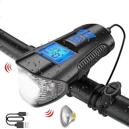 Farol de Bike Profissional 3 Em 1 - Farol + Velocímetro + Buzina - Lançamento Top