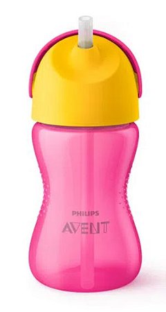 Copo Dinossauro com Canudo Curvado 300ml Rosa e Amarelo