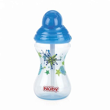 Copo Decorado com Canudo de Silicone 300ml - Azul - Nuby