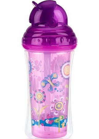 Copo Térmico com Trava, Canudo de Silicone e Tampa Retrátil 270ml - Roxo - Nuby