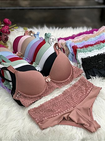 CONJUNTO LUXO APAIXONANTE COM APLICAÇÃO DE RENDA, CALCINHA FIO DUPLO