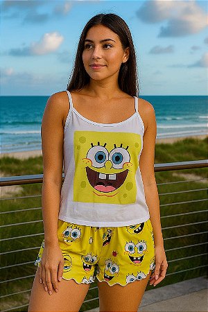 PIJAMA BABY DOLL BLOGUEIRA ALCINHA BRANCA SUEDE PREMIUM PERSONAGENS SORTIDOS