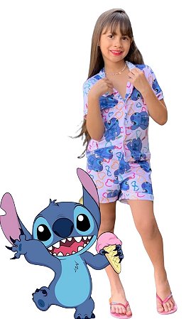 PIJAMA BABY DOLL AMERICANO INFANTIL CRIANÇA BOTÃO SUEDE PREMIUIM STITCH