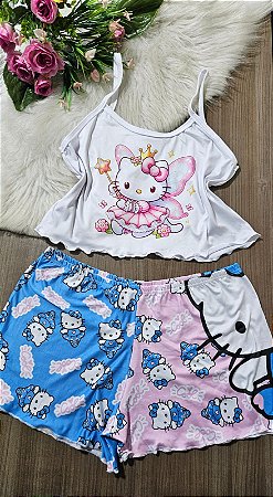 PIJAMA BABY DOLL CROPPED ADULTO HELLO KITTY EM SUEDE PREMIUM