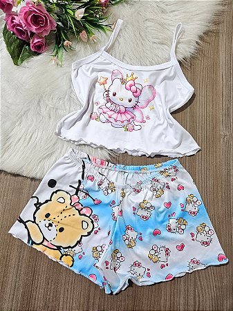 PIJAMA BABY DOLL CROPPED INFANTIL HELLO KITTY EM SUEDE PREMIUM