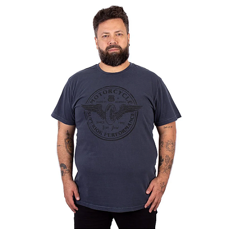Camiseta Plus Size Estonada Moto Superior Azul.