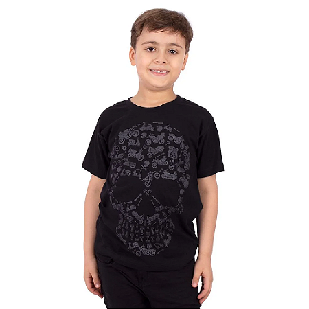 Camiseta Juvenil Caveira Moto Icon Preta