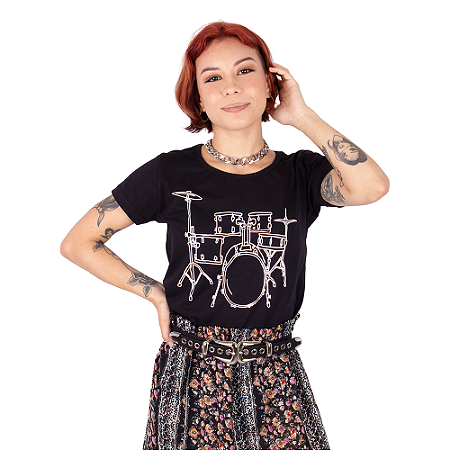 Camiseta Feminina Bateria Line Drum Preta