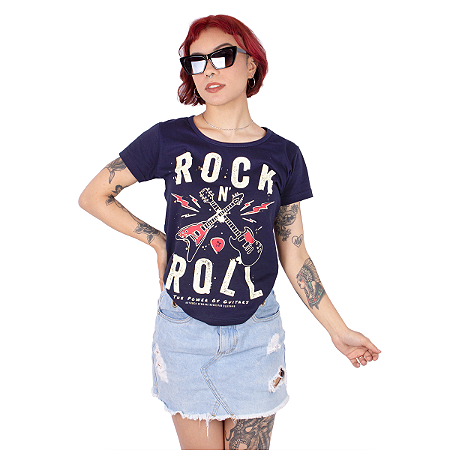 Camiseta Feminina Guitarra Power Marinho