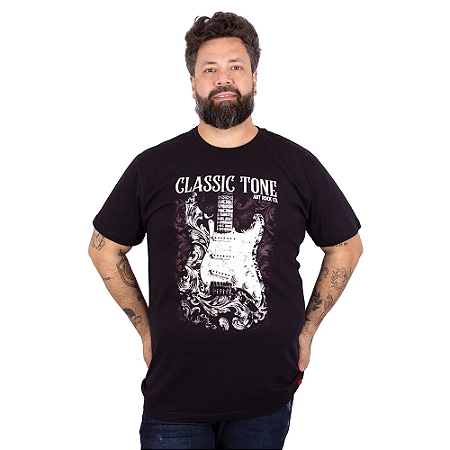 Camiseta Plus Size Guitarra Classic Tone Preta.