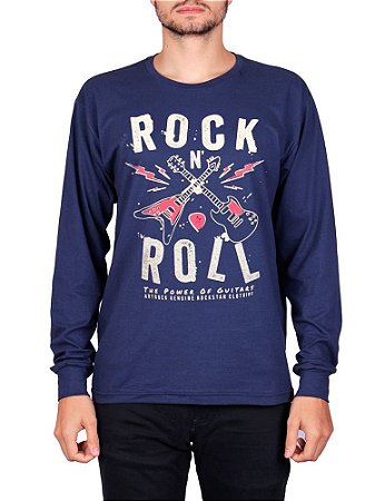 Camiseta Manga Longa Guitarra Power Marinho.
