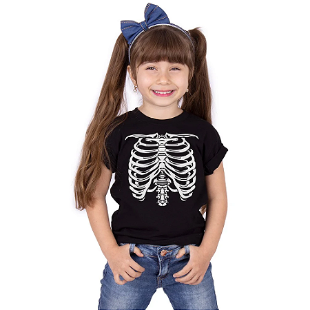 Camiseta Infantil Caveira Esqueleto Preta