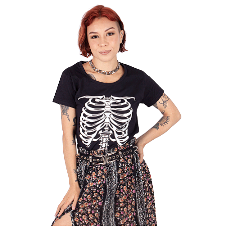 Camiseta Feminina Caveira Esqueleto Preta