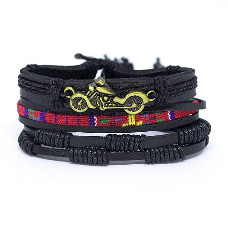Pulseira Em Couro Preto e Macramê Moto