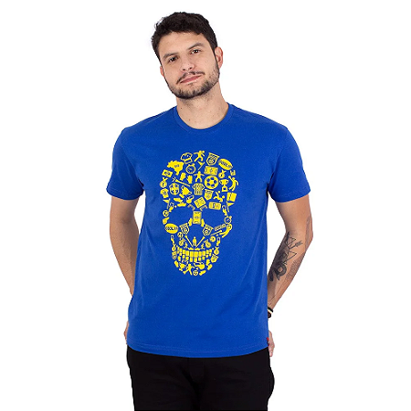 Camiseta Brasil Fut Caveira Azul.
