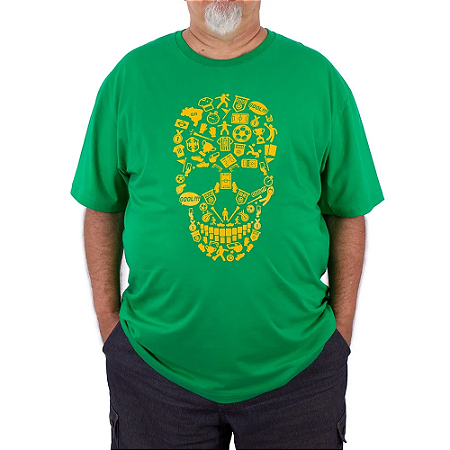Camiseta Plus Size Brasil Fut Caveira Verde.