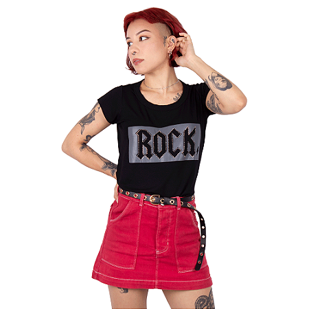 Blusa Feminina Gola Redonda Rock Strass Preta