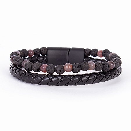 Pulseira Masculina Em Couro Preto E Contas Com Texturas