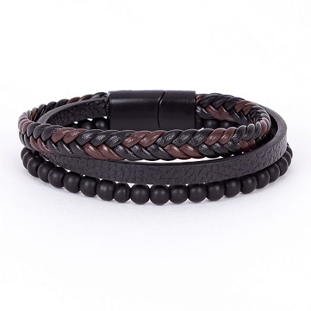 Pulseira Masculina Em Couro Trançado - Preto E Marrom