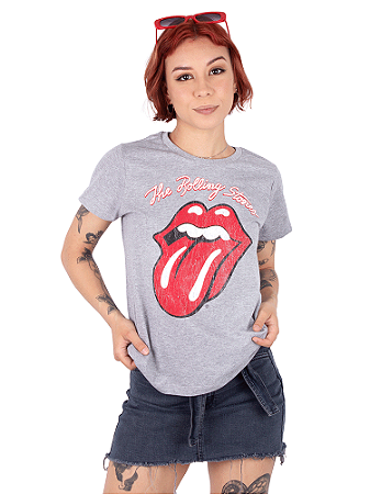 Camiseta Feminina Rolling Stones Cinza Mescla Oficial