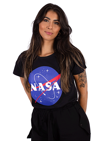 Camiseta Feminina Nasa Logo Preta Oficial Oficial