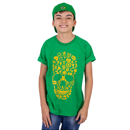Camiseta Juvenil Brasil Fut Caveira Verde