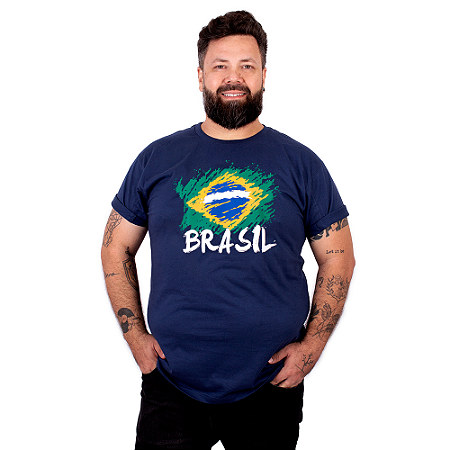Camiseta Plus Size Brasil Bandeira Copa Marinho.