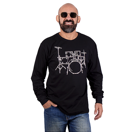Camiseta Manga Longa Bateria Line Drum Preta
