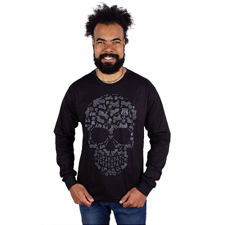 Camiseta Manga Longa Caveira Moto Icon Preta