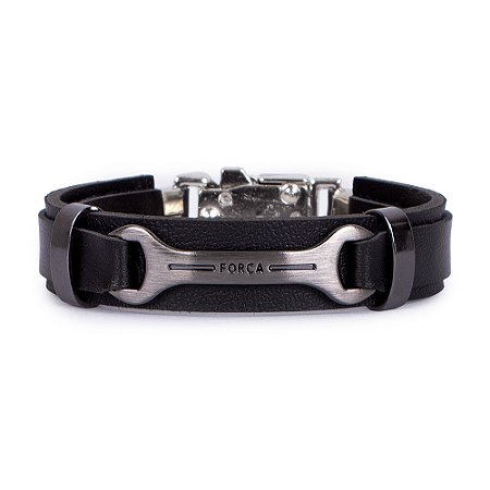 Pulseira Em Couro e Aço Inoxidável Chave de Boca Preta